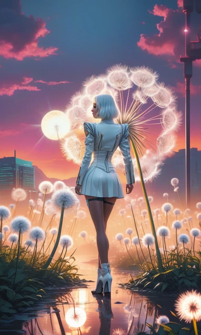  retro cyberpunk White dandelion at sunset against the sun . 80's inspired, synthwave, neon, vibrant, detailed, retro futurism hyperrealistic, full body, detailed clothing, highly detailed, cinematic lighting, stunningly beautiful, intricate, sharp focus, f/1. 8, 85mm, (centered image composition), (professionally color graded), ((bright soft diffused light)), volumetric fog, trending on instagram, trending on tumblr, HDR 4K, 8K