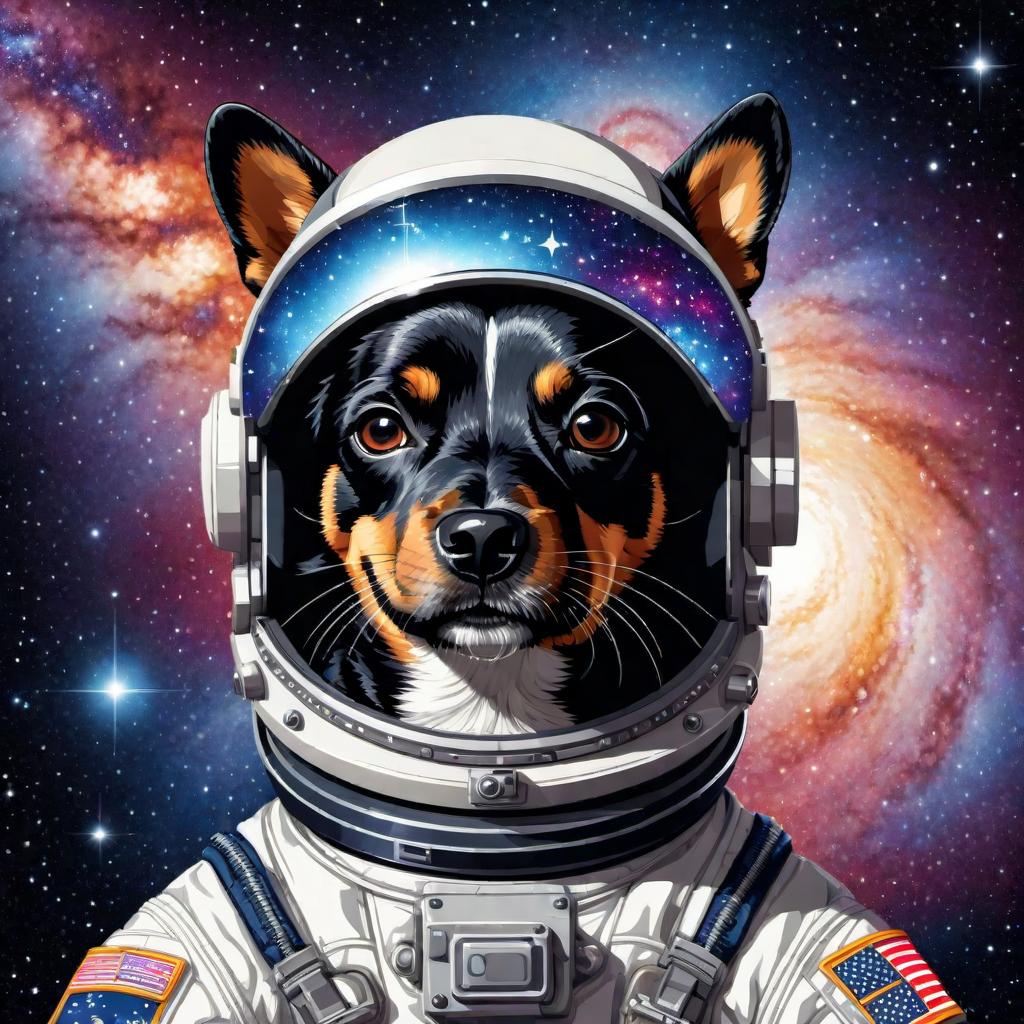  vector art, illustration, Pixel art of anime jalil dog astronaut wearing a helmet with a galaxy in the background , symmetrical portrait, facing directly forward, cozy indoor lighting,detailed, character design by hayao miyazaki