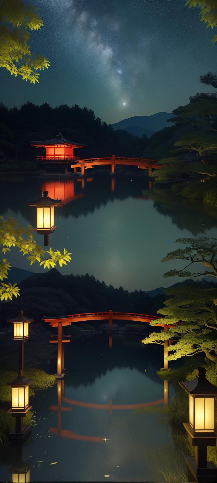  masterpiece, best quality, (Fidelity: 1.4), Best Quality, Masterpiece, Ultra High Resolution, 8k resolution, A night view inspired by Japanese art, featuring a garden illuminated by paper lanterns and a wooden bridge spanning a tranquil lake, by the lakeside, there is a small Zen temple. The water reflects the starry sky.