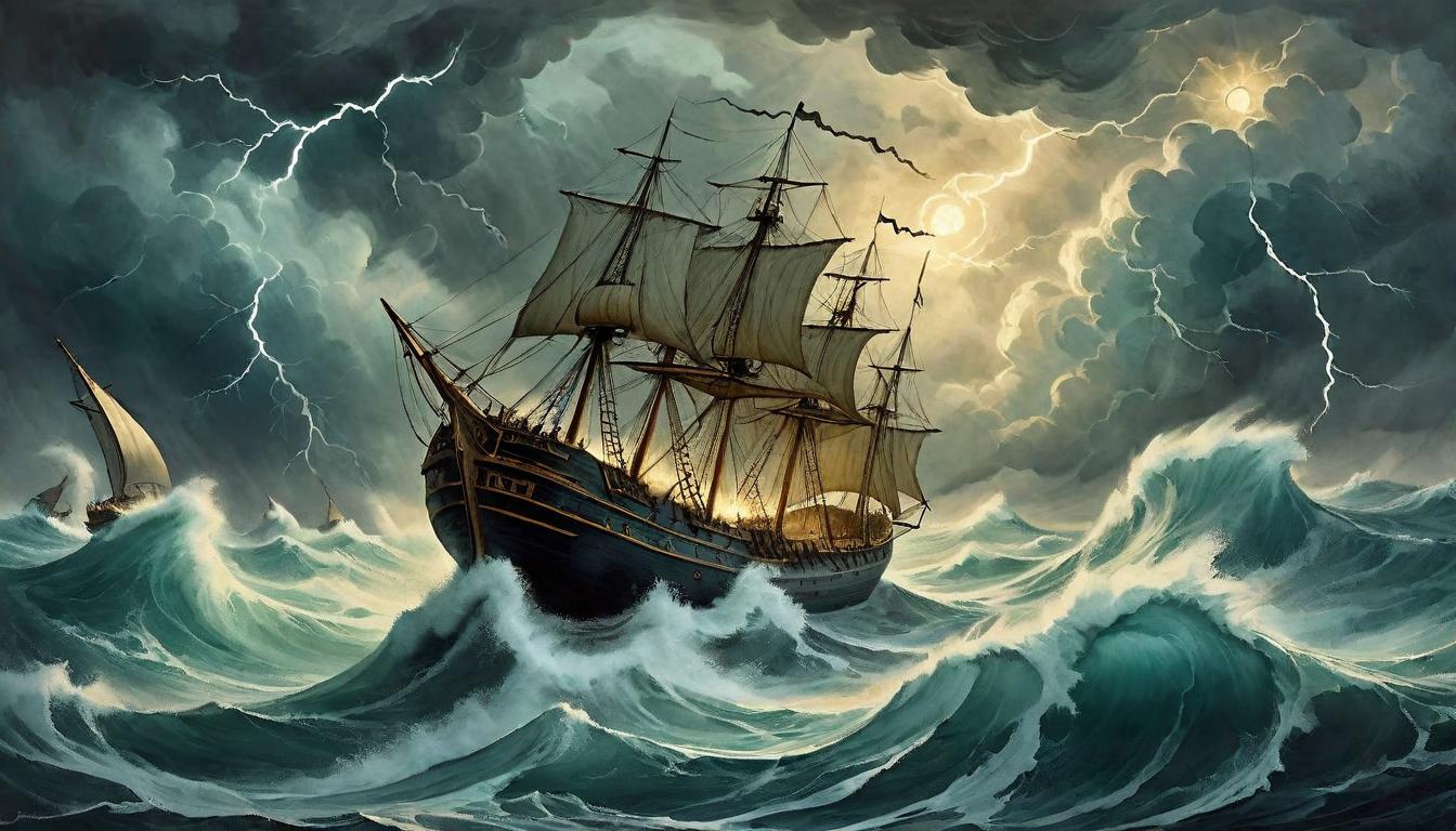  on parchment, surrealism+++, A stormy sea parting before a fragile ship, representing Odysseus' treacherous journey home. Vessel amidst towering waves, lightning streaked skies, tempest's fury, resilience, determination.(mysterious, provocative, symbolic,muted color)+++