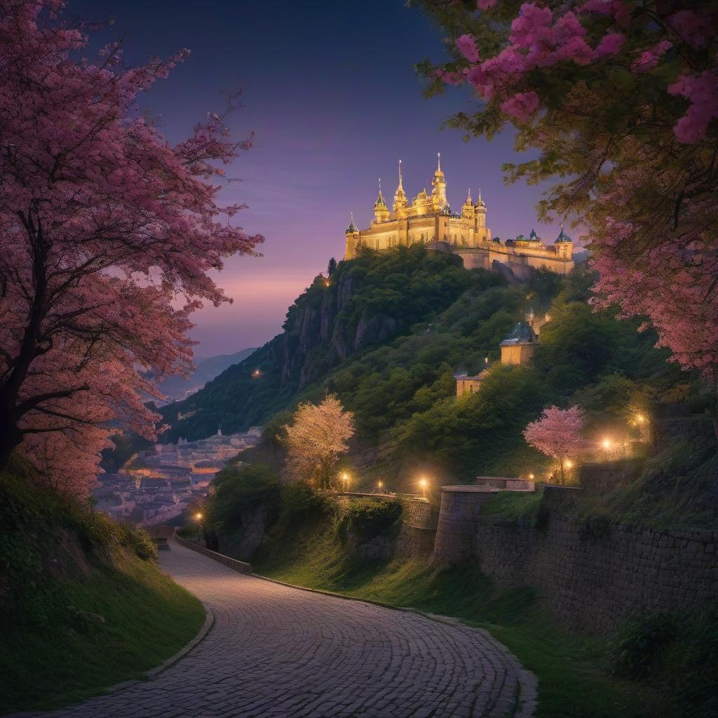  cinematic photo View at night of the fairy tale royal palace on the hill, no moon, only bright stars illuminate the palace and the city lying at the foot of the hill, cinematography, clear detail, 4k . 35mm photograph, film, bokeh, professional, 4k, highly detailed hyperrealistic, full body, detailed clothing, highly detailed, cinematic lighting, stunningly beautiful, intricate, sharp focus, f/1. 8, 85mm, (centered image composition), (professionally color graded), ((bright soft diffused light)), volumetric fog, trending on instagram, trending on tumblr, HDR 4K, 8K