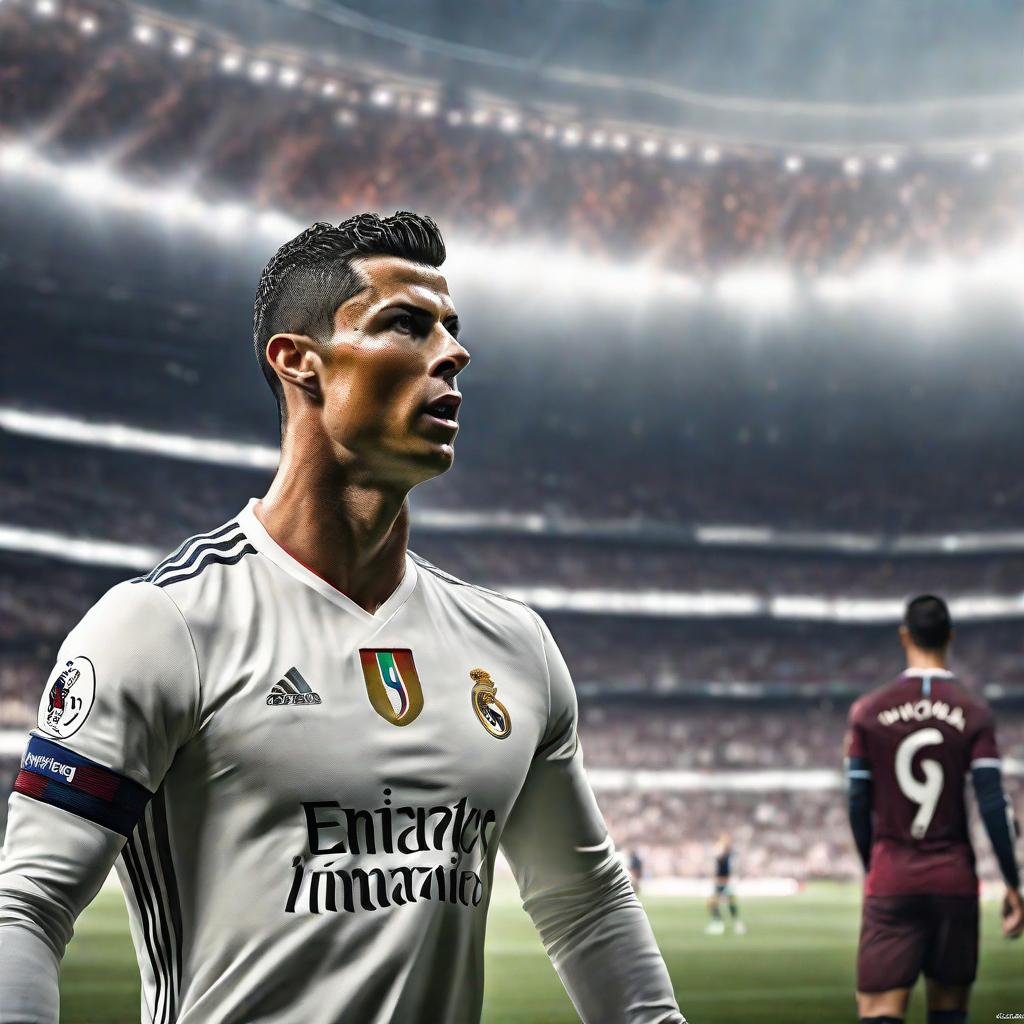  Cristiano Ronaldo hyperrealistic, full body, detailed clothing, highly detailed, cinematic lighting, stunningly beautiful, intricate, sharp focus, f/1. 8, 85mm, (centered image composition), (professionally color graded), ((bright soft diffused light)), volumetric fog, trending on instagram, trending on tumblr, HDR 4K, 8K