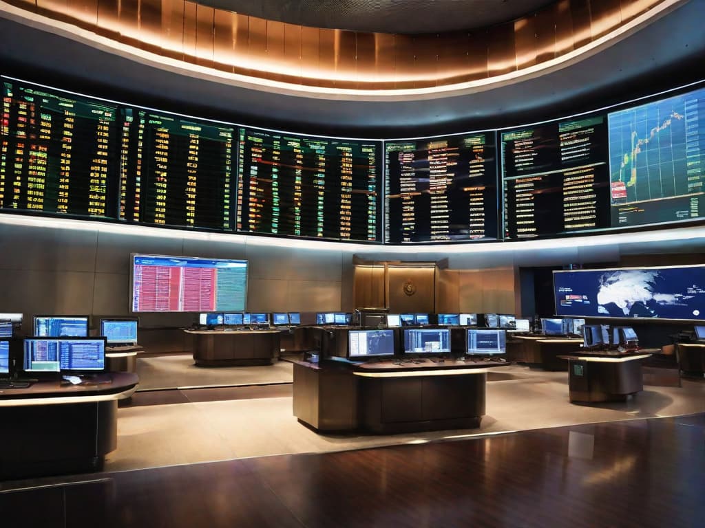  An image of a stock market trading floor, with screens displaying graphs and numbers, and a large digital board showing the IBOVESPA index in focus. digital art, ilustration, no flares, clean hyperrealistic, full body, detailed clothing, highly detailed, cinematic lighting, stunningly beautiful, intricate, sharp focus, f/1. 8, 85mm, (centered image composition), (professionally color graded), ((bright soft diffused light)), volumetric fog, trending on instagram, trending on tumblr, HDR 4K, 8K