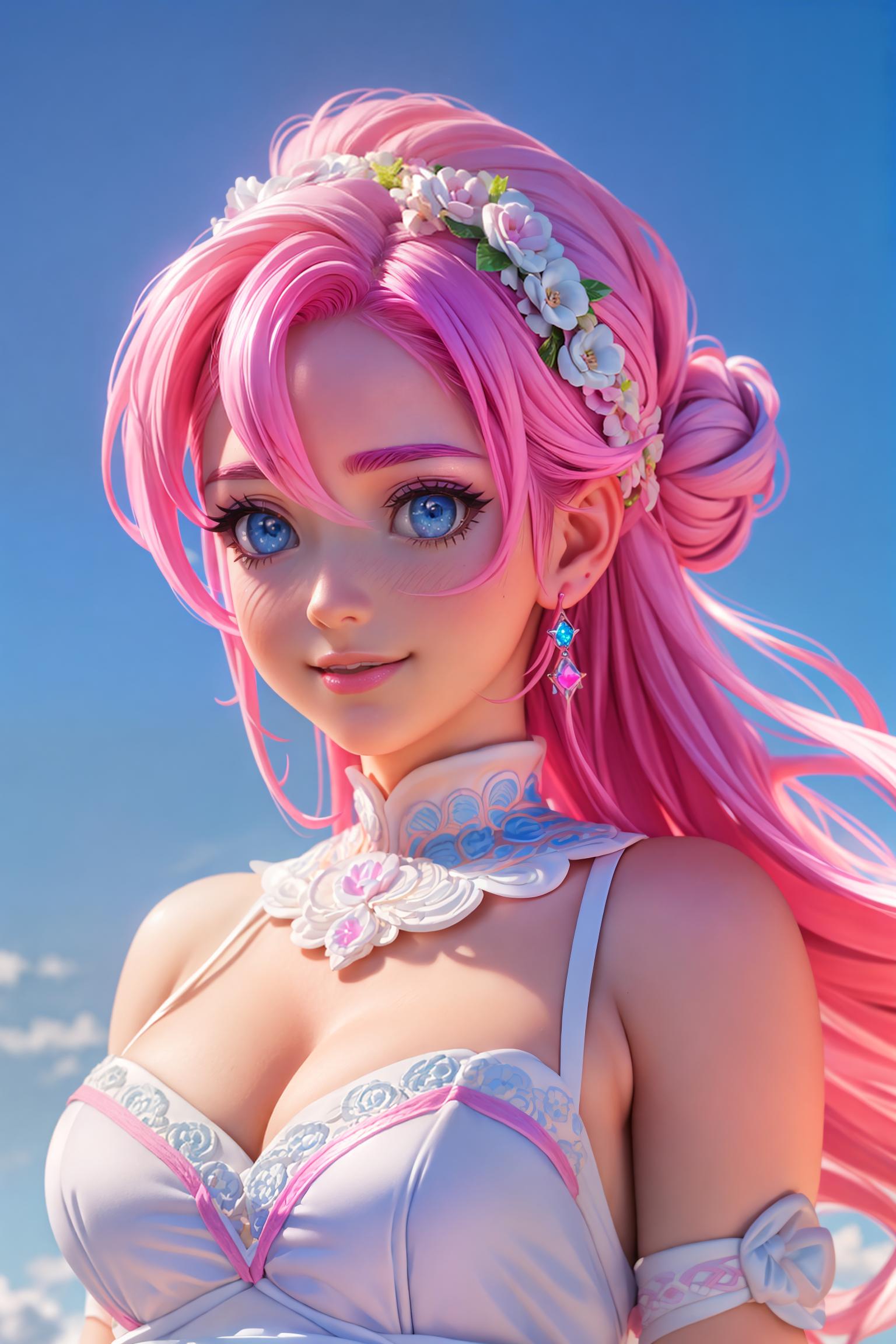  female portrait, blue eyes, pink hair, pink lips, elegant updo, soft lighting, cloud colorful background, subtle makeup, high resolution, detailed texture, smile, happy emotion, white dress, portrait profile, Look at the camera, serene atmosphere, cinematic lighting , (Masterpiece), (best quality), (intricate details, hyperdetailed:1.15), (realistic), (epic realistic), ((neutral colors)), (disney pixar style)