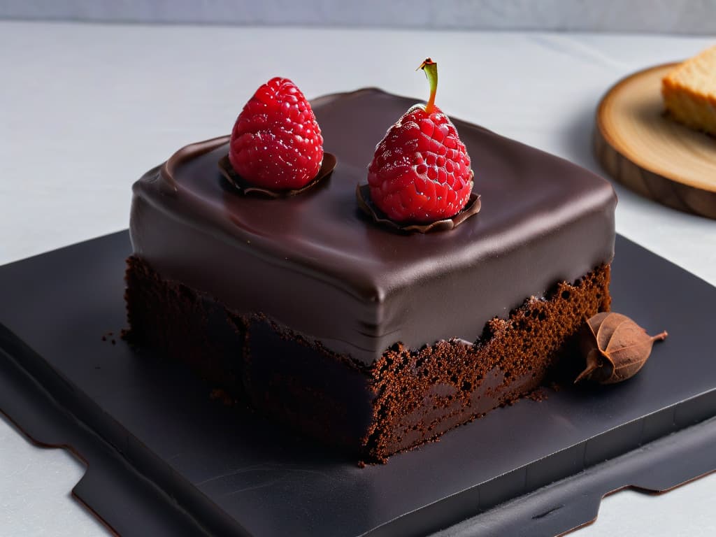  A closeup, ultrahigh resolution image of a single, perfectly crafted piece of dark chocolate ganache cake on a sleek, matte black plate. The cake is elegantly garnished with a delicate curl of dark chocolate, a sprinkle of cocoa powder, and a single fresh raspberry on the side. The smooth, glossy surface of the ganache glistens under a soft, diffused natural light, highlighting the intricate details and minimalist design of this decadent dessert. hyperrealistic, full body, detailed clothing, highly detailed, cinematic lighting, stunningly beautiful, intricate, sharp focus, f/1. 8, 85mm, (centered image composition), (professionally color graded), ((bright soft diffused light)), volumetric fog, trending on instagram, trending on tumblr, HDR 4K, 8K