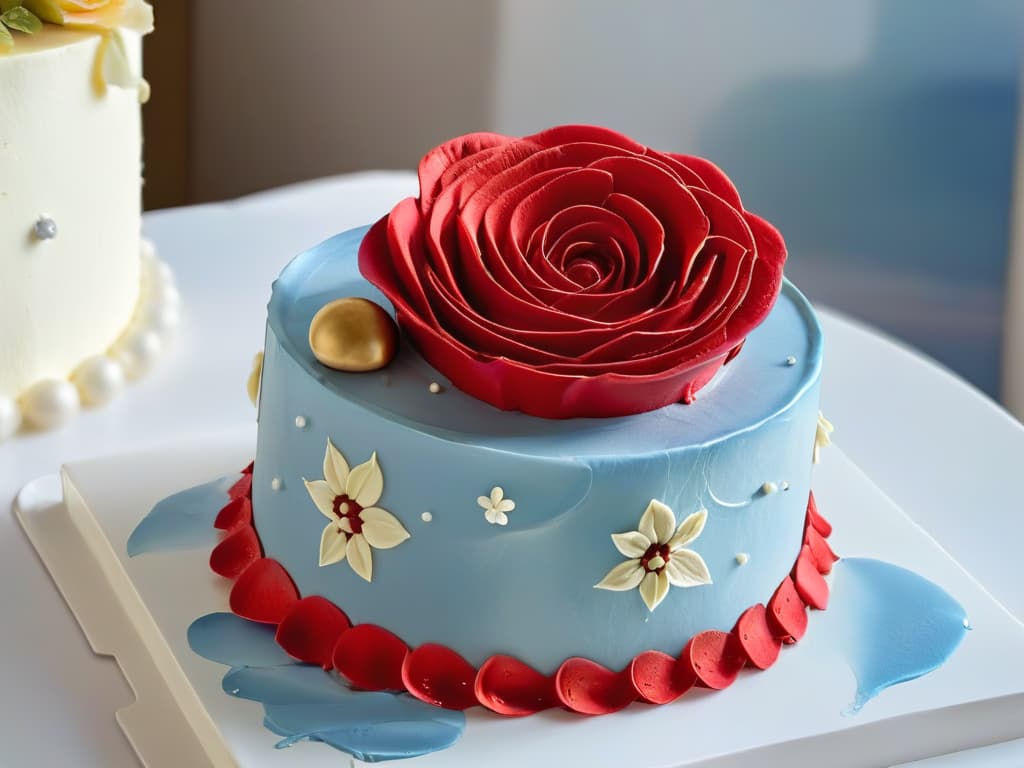  A closeup, ultradetailed image of a delicate rose petal being carefully placed on top of a beautifully frosted cake, showcasing the intricate details and vibrant colors of the edible flower against the backdrop of the smooth, creamy frosting. The focus is on the precise and elegant act of decorating with edible flowers, highlighting the beauty and artistry of incorporating these floral elements into dessert preparation. hyperrealistic, full body, detailed clothing, highly detailed, cinematic lighting, stunningly beautiful, intricate, sharp focus, f/1. 8, 85mm, (centered image composition), (professionally color graded), ((bright soft diffused light)), volumetric fog, trending on instagram, trending on tumblr, HDR 4K, 8K