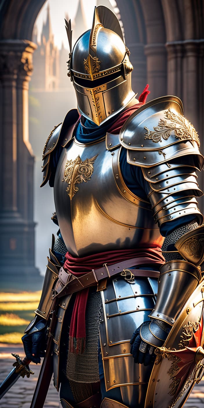  HDR photo of Young man knight, in shining armour. . High dynamic range, vivid, rich details, clear shadows and highlights, realistic, intense, enhanced contrast, highly detailed hyperrealistic, full body, detailed clothing, highly detailed, cinematic lighting, stunningly beautiful, intricate, sharp focus, f/1. 8, 85mm, (centered image composition), (professionally color graded), ((bright soft diffused light)), volumetric fog, trending on instagram, trending on tumblr, HDR 4K, 8K