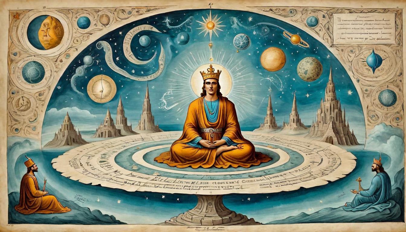  on parchment, surrealism+++, Hermes in deep meditation, manipulating cosmic energy patterns, understanding universal principles, serene, otherworldly(mysterious, provocative, symbolic,muted color)+++