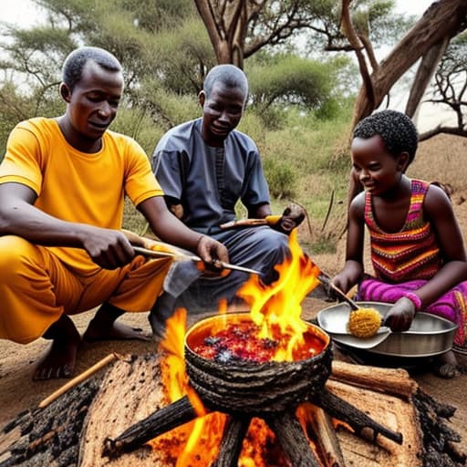  African family cooking food on fire wood