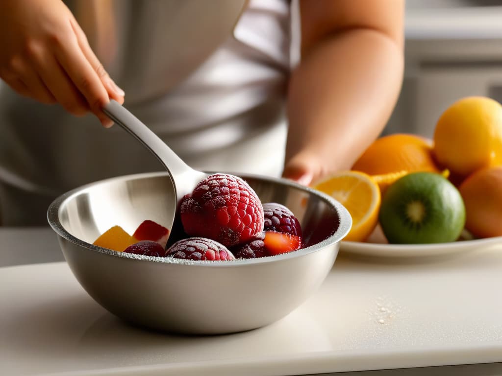  A closeup, ultradetailed image of a hand gracefully scooping a vibrant, freshly made gourmet fruit sorbet from a sleek, modern stainless steel ice cream scoop. The sorbet glistens in the light, showcasing its smooth texture and the natural colors of the fruits used. The background is a soft, blurred kitchen setting, emphasizing the elegance and simplicity of the homemade gourmet ice cream experience. hyperrealistic, full body, detailed clothing, highly detailed, cinematic lighting, stunningly beautiful, intricate, sharp focus, f/1. 8, 85mm, (centered image composition), (professionally color graded), ((bright soft diffused light)), volumetric fog, trending on instagram, trending on tumblr, HDR 4K, 8K