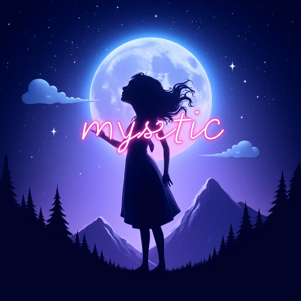  good quality, high quality, a cute girl in a silhouette with flowing hair, wearing a simple dress, standing in front of a glowing, mystical moon. the scene includes stylized mountains and a vibrant night sky with twinkling stars. the word "mystic" is displayed in a stylish, neon like font at the center of the image. the overall design has a clean, modern aesthetic with shades of blue, purple, and neon accents, perfect for a graphic designer's profile picture.