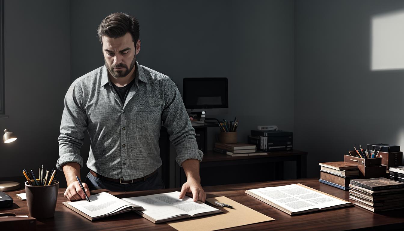  digital illustration, Man with furrowed brow, standing at opposite side of cluttered desk, gesturing with hands, dynamic tension, contrasted light, looking at viewer, dynamic pose, (intricate details, masterpiece, best quality)