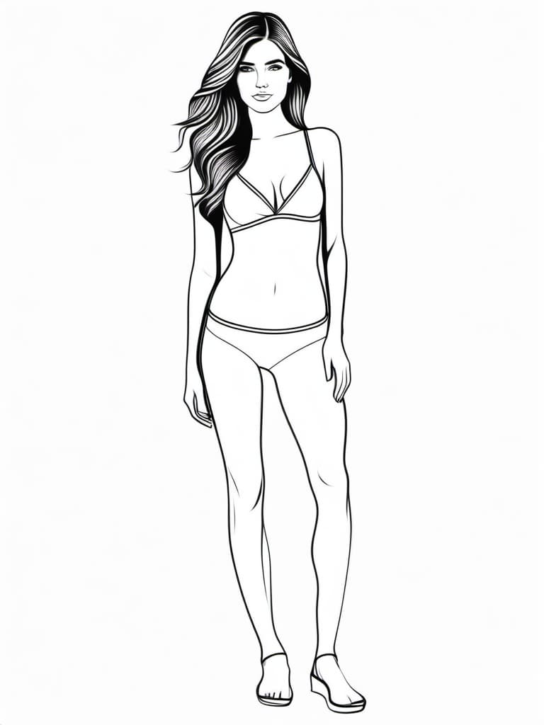  line art drawing texture HDR photo of girl in full growth, front view, Without clothing, small, realistic skin texture, long brown hair, without, extremely detailed, posing for the camera, full length photo . professional, sleek, modern, minimalist, graphic, line art, vector graphics