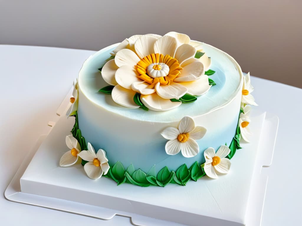  A closeup, ultradetailed image of a perfectly sculpted fondant flower on a pristine white wedding cake, showcasing intricate petal details and delicate color gradients. The image captures the precise craftsmanship and artistry involved in themed pastry contests, highlighting the importance of skill and creativity in pastry design. hyperrealistic, full body, detailed clothing, highly detailed, cinematic lighting, stunningly beautiful, intricate, sharp focus, f/1. 8, 85mm, (centered image composition), (professionally color graded), ((bright soft diffused light)), volumetric fog, trending on instagram, trending on tumblr, HDR 4K, 8K