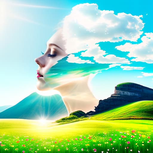 dublex style Angel flower Wings white sparkle curly blue eyes woman With blue green landscape mountains. sun. heaven most beautyful in the world big lips romantic