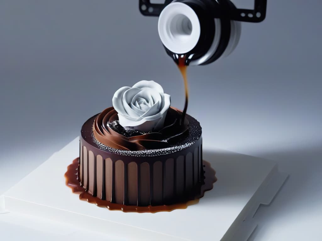  A highresolution image of a sleek, modern 3D printer in action, delicately creating an intricate and detailed dessert design. The printer is casting a soft, ambient light in a dimly lit room, emphasizing the futuristic technology at work. The dessert being printed is a visually stunning, geometrically precise sculpture of a delicate rose made entirely out of rich, decadent chocolate. The image captures the precise and intricate process of creating a 3D printed dessert, showcasing the fusion of technology and culinary artistry in a visually captivating way. hyperrealistic, full body, detailed clothing, highly detailed, cinematic lighting, stunningly beautiful, intricate, sharp focus, f/1. 8, 85mm, (centered image composition), (professionally color graded), ((bright soft diffused light)), volumetric fog, trending on instagram, trending on tumblr, HDR 4K, 8K