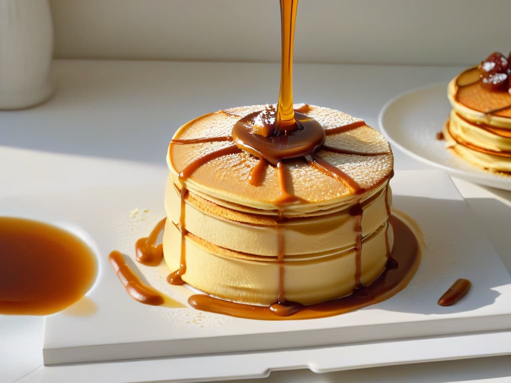  A closeup, highresolution image of a perfectly smooth and creamy dulce de leche being drizzled onto a stack of golden, fluffy pancakes. The dulce de leche cascades down the sides, capturing the glossy texture and rich caramel color in exquisite detail. The pancakes are placed on a sleek, modern plate with a subtle geometric pattern, emphasizing the contrast between the warm tones of the dulce de leche and the cool, minimalist backdrop. The lighting is soft and natural, creating a warm, inviting glow that highlights the indulgent nature of this healthy twist on a classic treat. hyperrealistic, full body, detailed clothing, highly detailed, cinematic lighting, stunningly beautiful, intricate, sharp focus, f/1. 8, 85mm, (centered image composition), (professionally color graded), ((bright soft diffused light)), volumetric fog, trending on instagram, trending on tumblr, HDR 4K, 8K