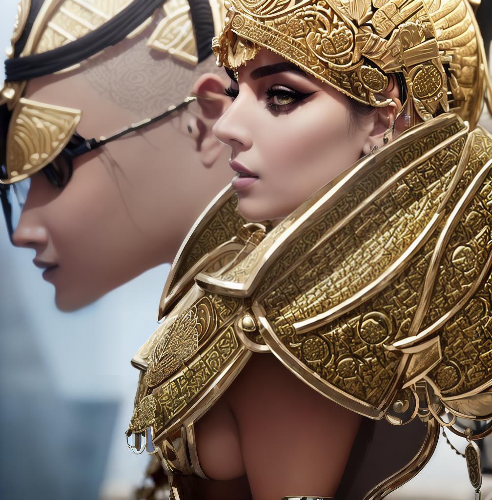  ((Side view:1.8)), ((masterpiece)),(((best quality))), ((futuristic empress, mature face, ((middle eastern eyes:1.4)), ((gold futuristic gown)), (((intricate futuristic breastplate))),