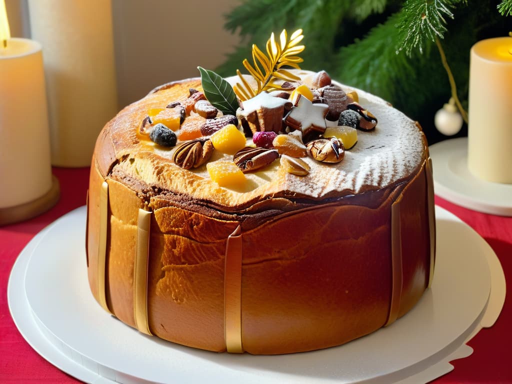  An ultradetailed photorealistic image of a beautifully decorated homemade Panettone for Christmas, showcasing the goldenbrown crust shimmering under soft lighting, with candied fruits and nuts artfully arranged on top, surrounded by festive decorations like holly leaves and twinkling lights. The texture of the Panettone should be rich and fluffy, with steam gently rising from the freshly baked loaf, evoking warmth and holiday cheer. hyperrealistic, full body, detailed clothing, highly detailed, cinematic lighting, stunningly beautiful, intricate, sharp focus, f/1. 8, 85mm, (centered image composition), (professionally color graded), ((bright soft diffused light)), volumetric fog, trending on instagram, trending on tumblr, HDR 4K, 8K