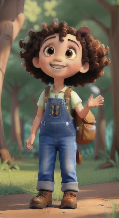  {Riley looking up at the tree with a big smile, animals surrounding them., Riley, a curious with big brown eyes and curly hair, wearing overalls and carrying a small backpack. Their friend, Skye, a bluebird with shiny feathers.