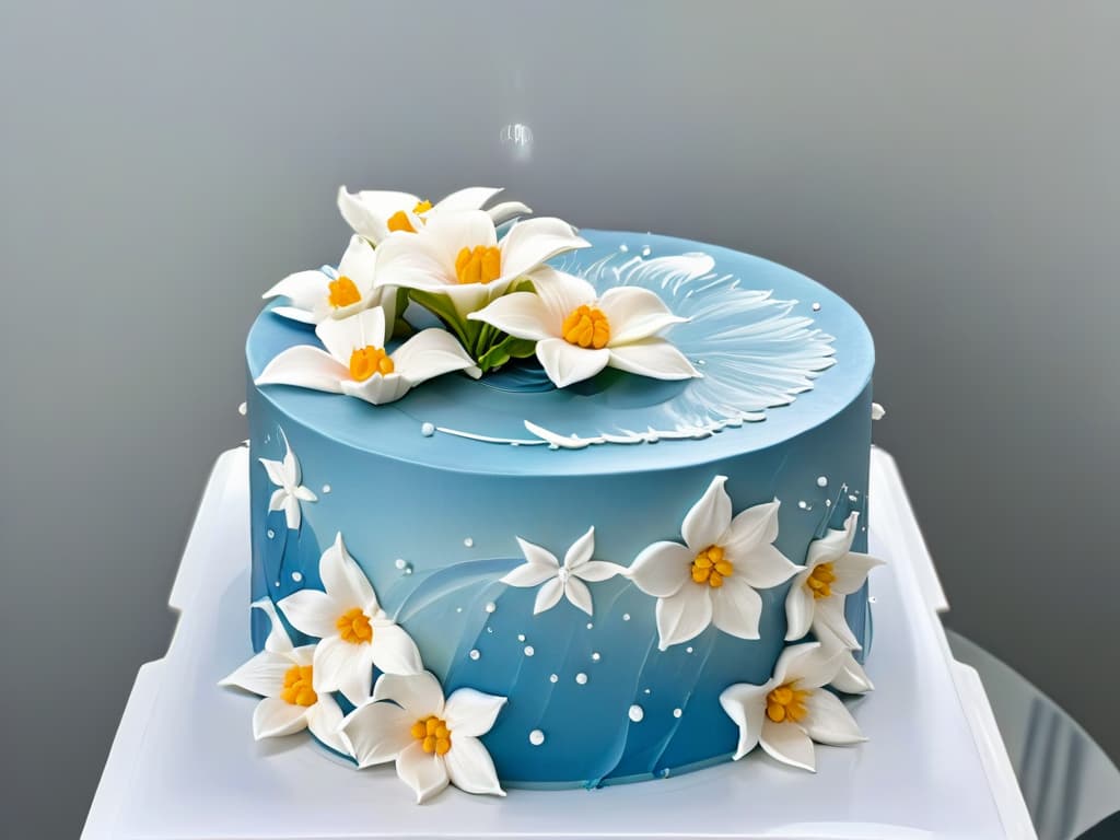  A stunning closeup shot of a perfectly smooth fondantcovered cake adorned with delicate, intricate white icing designs. The details are so precise that each swirl and flower petal is visible, showcasing the artistry and skill involved in advanced fondant and icing decoration techniques. The color palette is elegant and muted, emphasizing the professionalism and sophistication of the cake decorating craft. hyperrealistic, full body, detailed clothing, highly detailed, cinematic lighting, stunningly beautiful, intricate, sharp focus, f/1. 8, 85mm, (centered image composition), (professionally color graded), ((bright soft diffused light)), volumetric fog, trending on instagram, trending on tumblr, HDR 4K, 8K