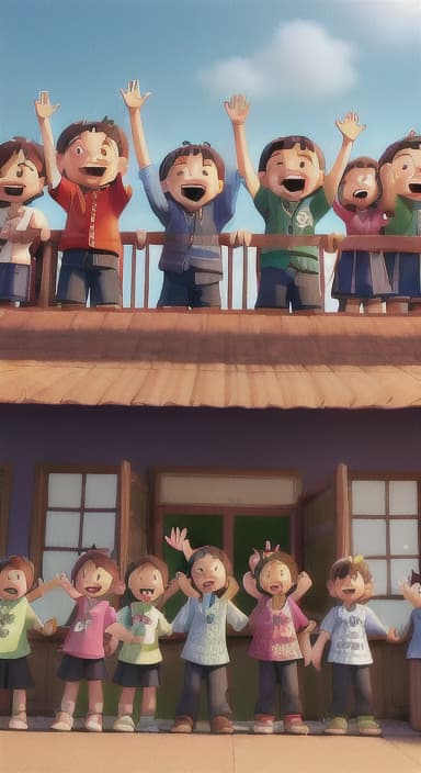  {A heartwarming scene of all the children waving goodbye with happy expressions., Children waving with wide smiles, looking grateful and content.