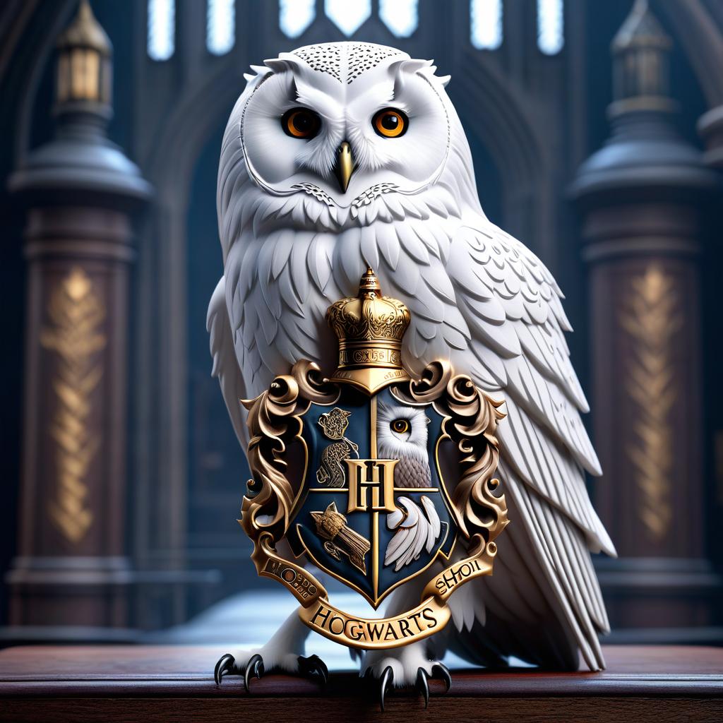  The Hogwarts school crest only depicts a white owl. hyperrealistic, full body, detailed clothing, highly detailed, cinematic lighting, stunningly beautiful, intricate, sharp focus, f/1. 8, 85mm, (centered image composition), (professionally color graded), ((bright soft diffused light)), volumetric fog, trending on instagram, trending on tumblr, HDR 4K, 8K