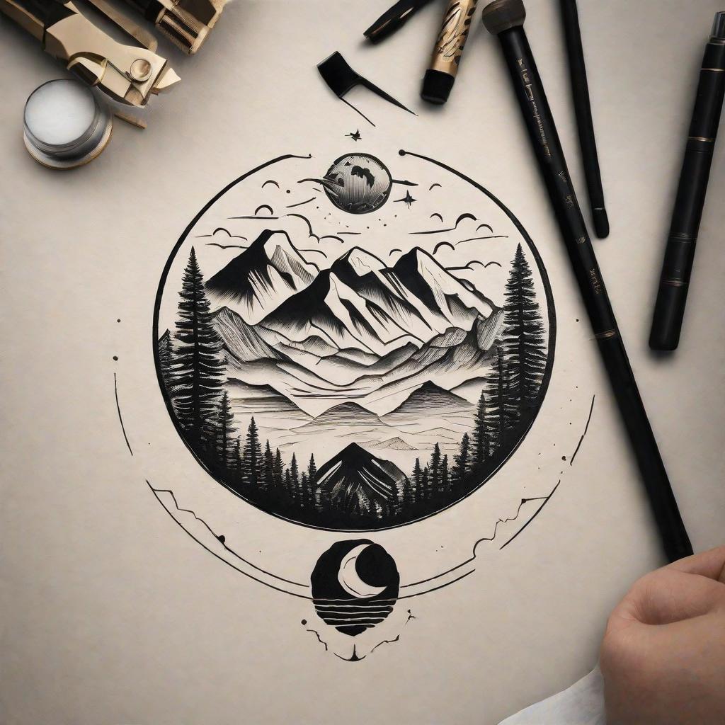  masterpiece, best quality, create a tattoo that has a circle representing the earth with two mountains that looks like the letters M in it