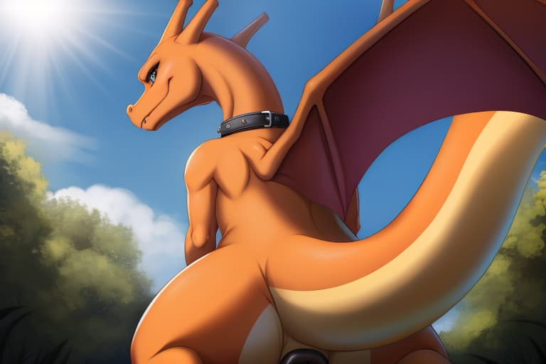  Pokemon, charizard, female feral presenting pussy, collar on neck, black canine pussy, looking back, back view,, open eyes, digital art, masterpiece, 4k, fine details,