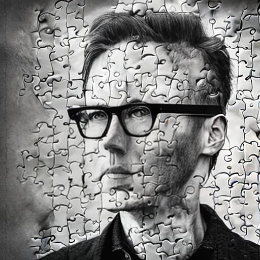 dublex style b&w, man wearing glasses, built from medium sized puzzle pieces