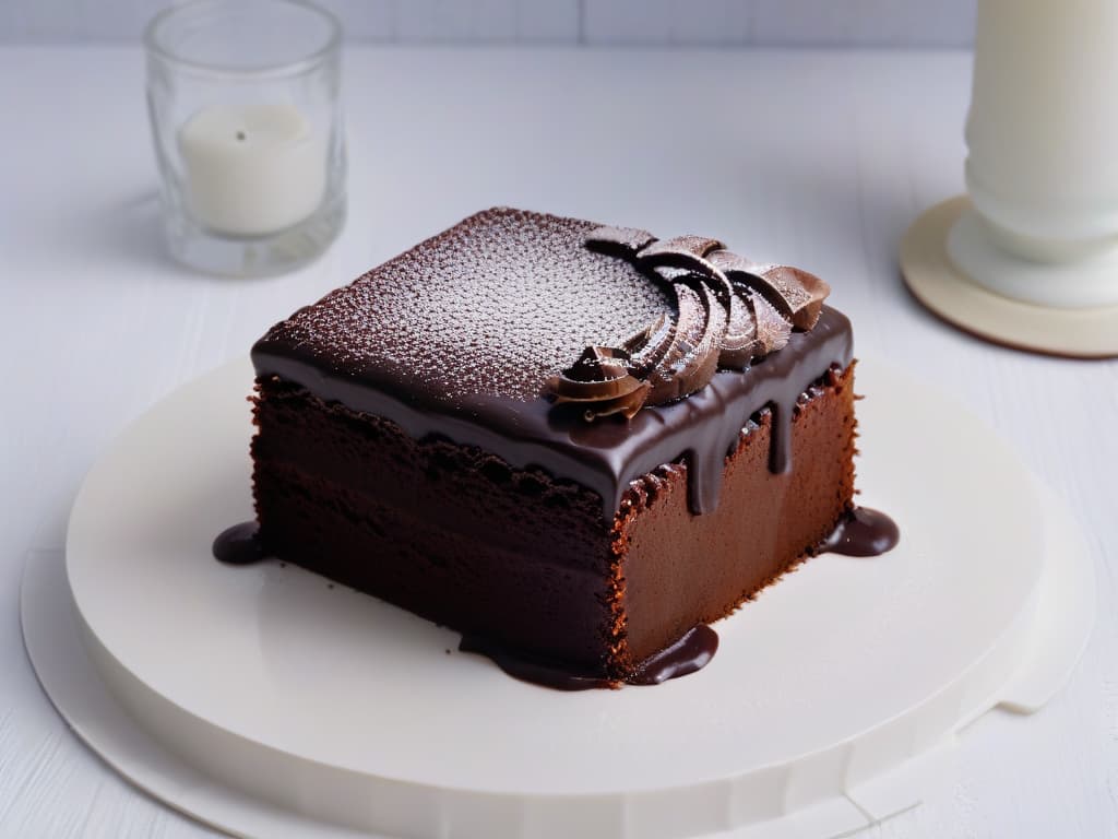  An ultradetailed, 8k resolution image of a single piece of rich, dark chocolate cake elegantly plated on a delicate, white porcelain dish. The cake is topped with a glossy ganache glaze that glistens under a soft, natural light. The texture of the cake is visibly moist and rich, with a sprinkle of cocoa powder lightly dusted on top. The simplicity of the setting allows the viewer to focus entirely on the decadent dessert, evoking a sense of indulgence and sophistication. hyperrealistic, full body, detailed clothing, highly detailed, cinematic lighting, stunningly beautiful, intricate, sharp focus, f/1. 8, 85mm, (centered image composition), (professionally color graded), ((bright soft diffused light)), volumetric fog, trending on instagram, trending on tumblr, HDR 4K, 8K