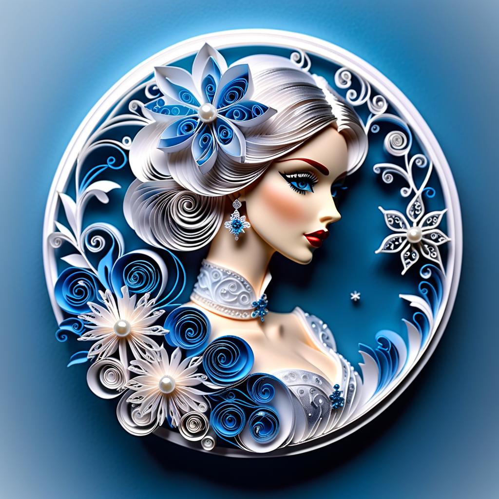  paper quilling art of (Ladies fan, winter design): colour silver blue, decorated with stars, snowflakes, frost. (Gears and shaft): silver pearl colour. (Pin): in the form of an ice cube. Empire, fantasy, baroque. . intricate, delicate, curling, rolling, shaping, coiling, loops, 3D, dimensional, ornamental hyperrealistic, full body, detailed clothing, highly detailed, cinematic lighting, stunningly beautiful, intricate, sharp focus, f/1. 8, 85mm, (centered image composition), (professionally color graded), ((bright soft diffused light)), volumetric fog, trending on instagram, trending on tumblr, HDR 4K, 8K