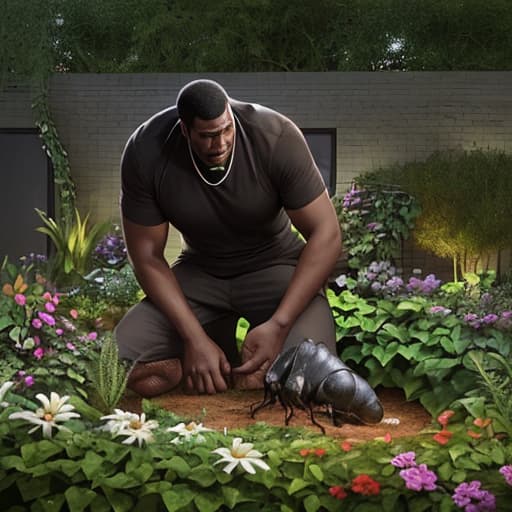  giant black man studing a Brown beetle in his garden