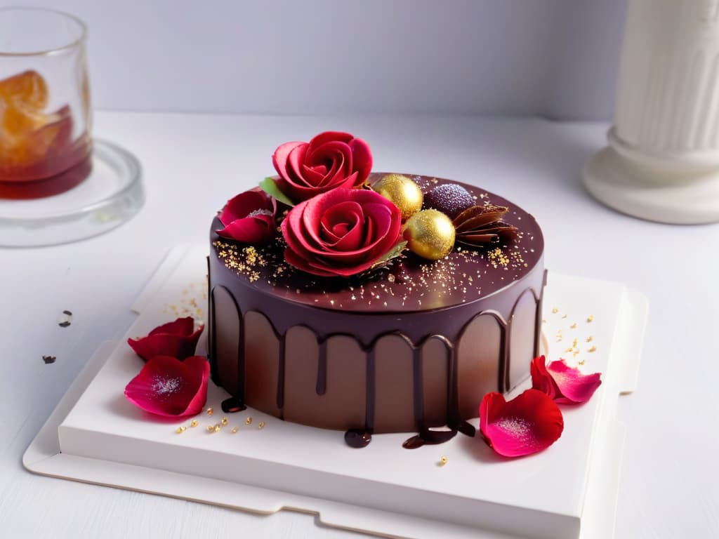  A closeup, ultradetailed image of a luxurious chocolate ruby cake slice on a pristine white plate. The cake is adorned with delicate edible rose petals and shimmering gold flakes, showcasing the vibrant pink hue of the chocolate ruby. The glossy ganache glaze reflects the soft lighting, creating a mesmerizing play of light and shadow on the textured surface of the cake. The intricate layers of sponge, mousse, and ganache are visible, inviting the viewer to savor the rich and indulgent flavors of this innovative dessert. hyperrealistic, full body, detailed clothing, highly detailed, cinematic lighting, stunningly beautiful, intricate, sharp focus, f/1. 8, 85mm, (centered image composition), (professionally color graded), ((bright soft diffused light)), volumetric fog, trending on instagram, trending on tumblr, HDR 4K, 8K