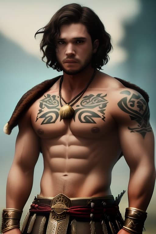  Kit Harrington, Male Barbarian Warrior, Barbarian Armor, Anime Eyes, Ancient Tribal Tattoos, Detailed Face, Beautiful Face, Upper Body View, Built Male Body Physique, Toned Male Muscle, Male Body Shape, Fit Male Body, 4KUHD quality, 1080i, 1080p, Cinematic Quality, Dramatic Lighting, Bokeh, Unreal Engine 5, Cel Shaded Style, Surrounded by Cosmic Fire, Anime Asthetic, DBZ Asthetic, Studio Ghibli Asthetic, Dungeons and Dragons Asthetic, Gladiator Background, Battlefield Background [DreamGlow (NEW)], ((best quality)), ((masterpiece)), highly detailed, absurdres, HDR 4K, 8K