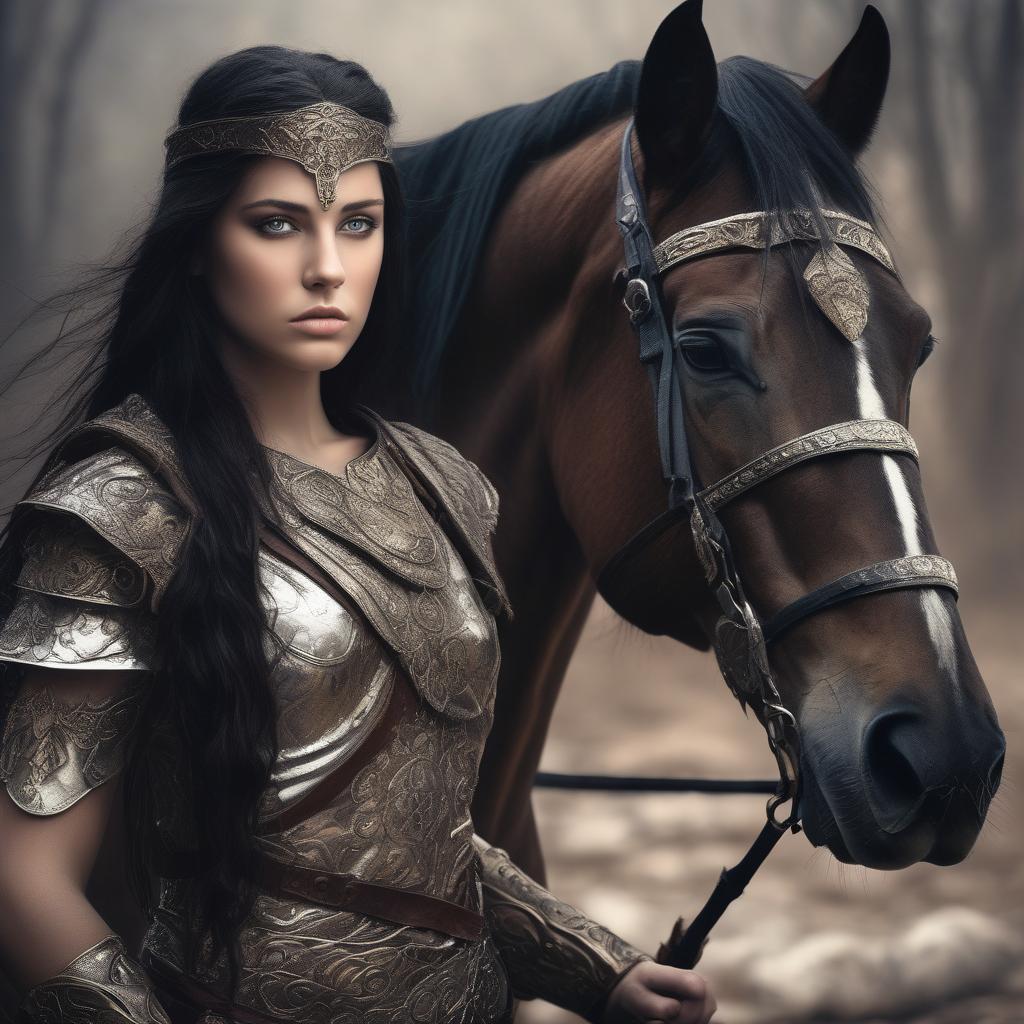  A young beautiful goddess warrior with dark hair and a beautiful horse in a clear and detailed photo.