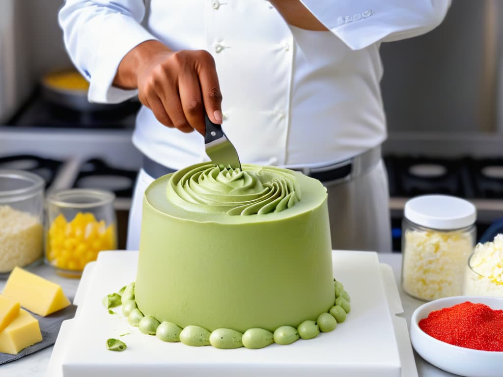  An ultradetailed image of a skilled pastry chef meticulously using a small spatula to scrape every last bit of batter from a mixing bowl, with a backdrop of neatly organized ingredients and tools on a sleek, white marble countertop. The focus is on capturing the precision and dedication of the chef in minimizing waste while creating a delicious dessert, emphasizing the theme of innovative techniques to reduce food waste in pastry making. hyperrealistic, full body, detailed clothing, highly detailed, cinematic lighting, stunningly beautiful, intricate, sharp focus, f/1. 8, 85mm, (centered image composition), (professionally color graded), ((bright soft diffused light)), volumetric fog, trending on instagram, trending on tumblr, HDR 4K, 8K