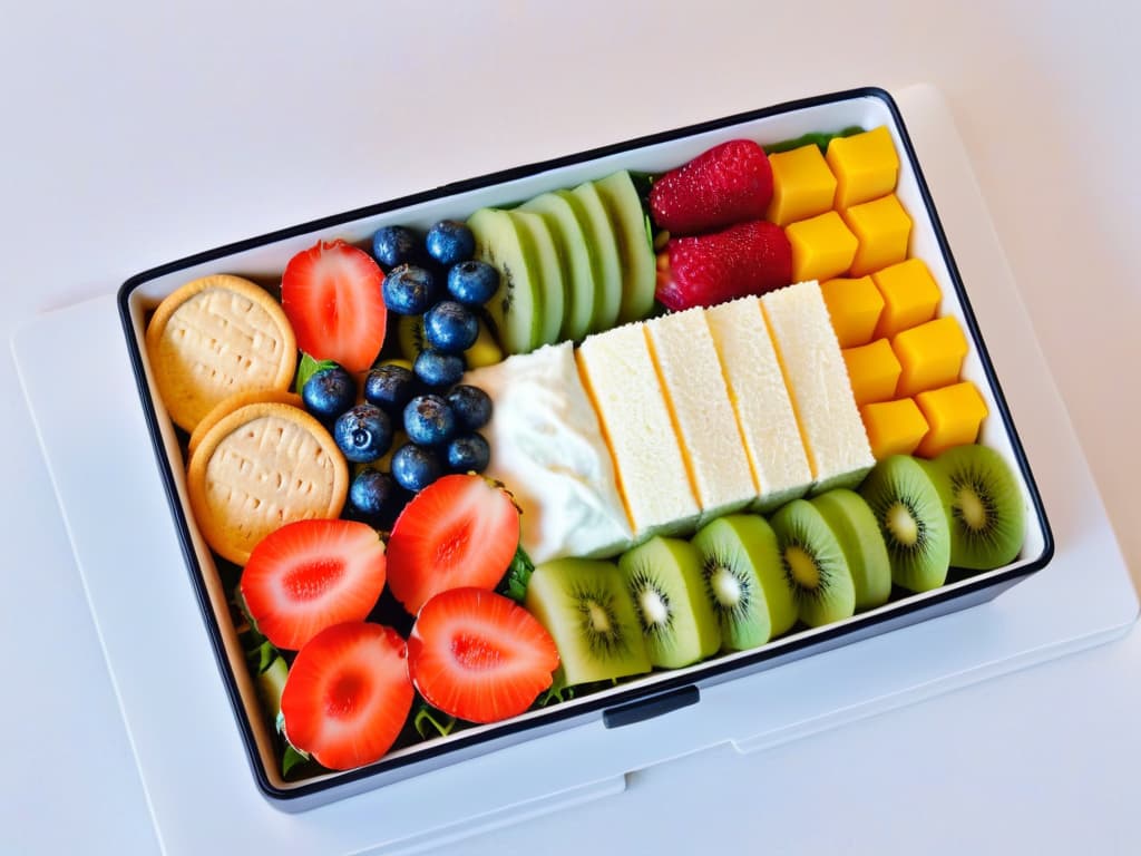  A closeup, ultradetailed image of a perfectly arranged bento box filled with colorful and healthy snacks, including fresh fruits, crunchy vegetables, whole grain crackers, and a small container of yogurt dip, all beautifully presented on a sleek, modern bento box with clean lines and minimalist design. hyperrealistic, full body, detailed clothing, highly detailed, cinematic lighting, stunningly beautiful, intricate, sharp focus, f/1. 8, 85mm, (centered image composition), (professionally color graded), ((bright soft diffused light)), volumetric fog, trending on instagram, trending on tumblr, HDR 4K, 8K