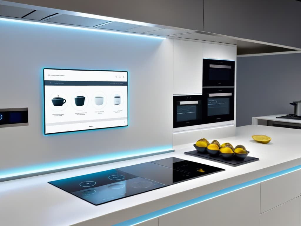  An ultradetailed image showing a sleek, modern kitchen with futuristic augmented reality elements seamlessly integrated into the cooking process. The image features a minimalist design with clean lines, hightech kitchen appliances, and subtle hints of augmented reality overlays enhancing the baking experience. The color palette is a sophisticated blend of whites, greys, and metallic accents, creating a visually striking yet professional and inspiring scene. hyperrealistic, full body, detailed clothing, highly detailed, cinematic lighting, stunningly beautiful, intricate, sharp focus, f/1. 8, 85mm, (centered image composition), (professionally color graded), ((bright soft diffused light)), volumetric fog, trending on instagram, trending on tumblr, HDR 4K, 8K