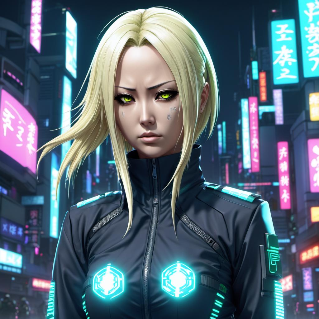  cyberpunk game style Tsunade senju in high  uniform, hd quality, masterpiece  --e sdxlceshi . neon, dystopian, futuristic, digital, vint, detailed, high contrast, reminiscent of cyberpunk genre video games