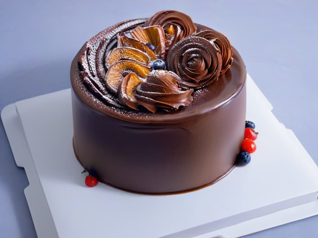  A closeup, ultradetailed image of a perfectly glazed chocolate cake, with a shiny, smooth surface reflecting a soft, warm light, highlighting the intricate swirls and decorations on top. hyperrealistic, full body, detailed clothing, highly detailed, cinematic lighting, stunningly beautiful, intricate, sharp focus, f/1. 8, 85mm, (centered image composition), (professionally color graded), ((bright soft diffused light)), volumetric fog, trending on instagram, trending on tumblr, HDR 4K, 8K