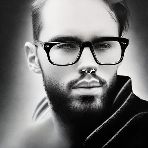 dublex style hd, b&w, drawing, thinking man, wearing glasses, in nature
