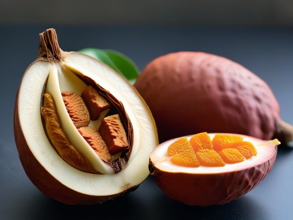  A closeup, ultradetailed image of a ripe tamarindo pod split open, showcasing the glistening, sticky pulp inside. The rich brown hues of the pod contrast beautifully with the vibrant, tangy orange tones of the pulp. Each individual seed is visible, nestled within the juicy flesh, surrounded by tiny, threadlike fibers. The texture is incredibly detailed, capturing the glossy sheen of the pulp and the rough, textured surface of the pod. The image conveys a sense of freshness and exoticism, inviting the viewer to explore the unique flavors of tamarindo in their culinary creations. hyperrealistic, full body, detailed clothing, highly detailed, cinematic lighting, stunningly beautiful, intricate, sharp focus, f/1. 8, 85mm, (centered image composition), (professionally color graded), ((bright soft diffused light)), volumetric fog, trending on instagram, trending on tumblr, HDR 4K, 8K