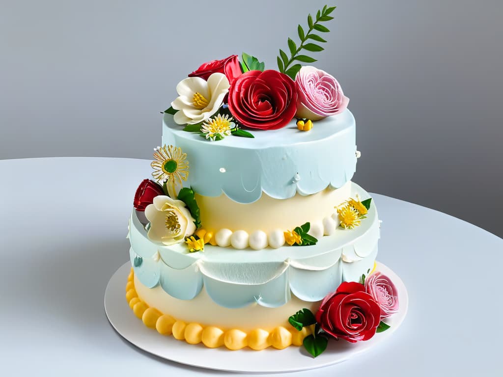  A detailed and ultrarealistic vector illustration of a beautifully decorated threetiered cake, featuring intricate icing swirls, delicate flowers, and shimmering details that showcase the artistry and precision of vectorization in Adobe Illustrator. hyperrealistic, full body, detailed clothing, highly detailed, cinematic lighting, stunningly beautiful, intricate, sharp focus, f/1. 8, 85mm, (centered image composition), (professionally color graded), ((bright soft diffused light)), volumetric fog, trending on instagram, trending on tumblr, HDR 4K, 8K