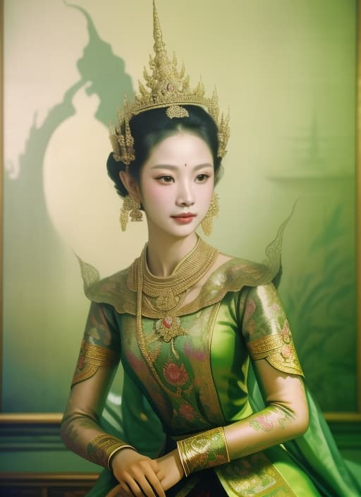  a close up of a painting of a woman in a green dress, thailand art, portrait of a young empress, traditional art, sukhothai costume, a beautiful fantasy empress, traditional beauty, ancient libu princess, kazakh empress, gilded lotus princess, ((a beautiful fantasy empress)), portrait of princess, wearing ornate clothing, inspired by Jin Nong,award winning composition,high quality,masterpiece,extremely detailed,high res,4k,ultra high res,detailed shadow,ultra realistic,dramatic lighting,bright light