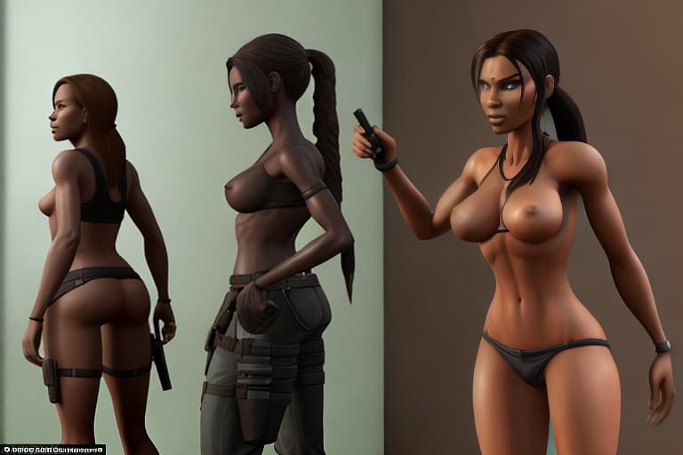  Character Lara Croft skinny without any clothes on standing with a skinny black woman without any clothes on