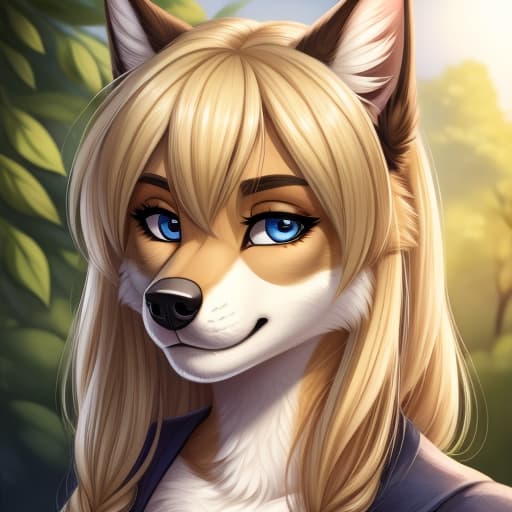  Anthro, Female, German Shepard, blue eyes, blond hair, open eyes, digital art, masterpiece, 4k, fine details,