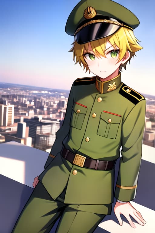  1boy, military uniform, military hat, city background, mainbattle tank, battleground, looking at viewer, best quality, masterpiece, (( Man )), (( lovely eyes )), (( green eyes )), (( yellow hair )), (( fully-clothed attire ))