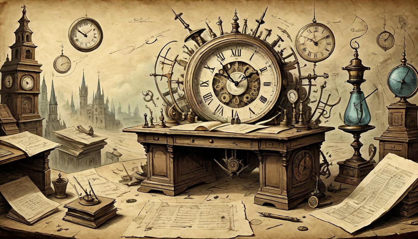  on parchment, surrealism+++, Clock hands spinning rapidly over a cluttered desk, sense of time compression, pages and objects blurring, figure's presence indicating control, seamless efficiency(mysterious, provocative, symbolic,muted color)+++