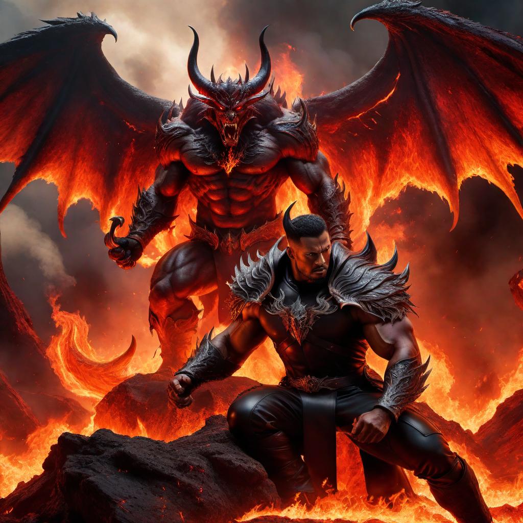  A man in a leather uniform kneeling and facing a strong demon in the fiery environment of hell. The man is showing respect or preparing for a battle while the demon is imposing and muscular, with large wings and horns, exuding an aura of power. The setting is hellish with flames, smoky skies, and a sense of dread. hyperrealistic, full body, detailed clothing, highly detailed, cinematic lighting, stunningly beautiful, intricate, sharp focus, f/1. 8, 85mm, (centered image composition), (professionally color graded), ((bright soft diffused light)), volumetric fog, trending on instagram, trending on tumblr, HDR 4K, 8K